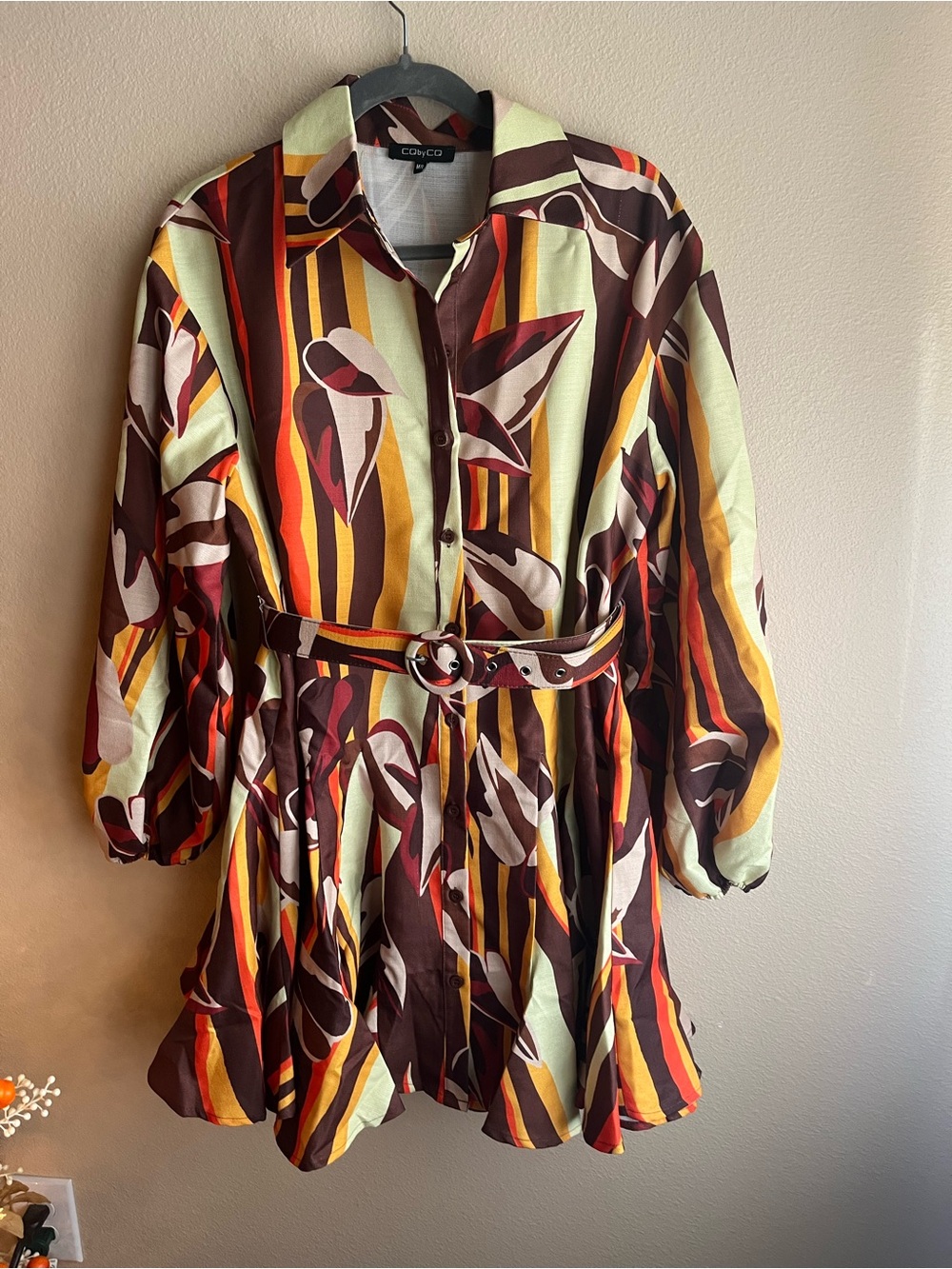 CozyCo Floral Stripe Belted Midi Dress in Brown, Yellow & Red